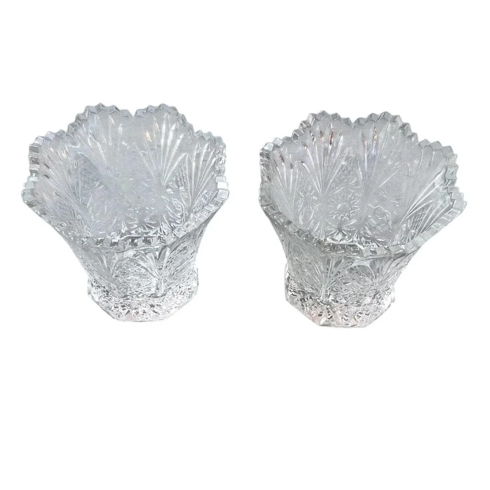 Vintage Clear Pressed Glass Rose Starburst Votive Candle Holder‎ Set of 2 Vases